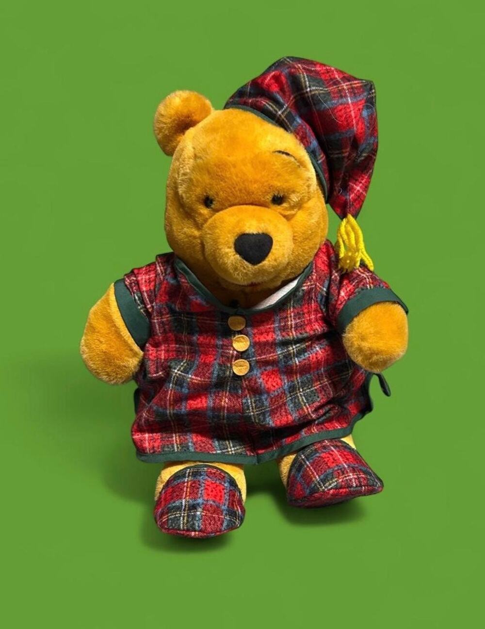 Winnie the Pooh collectible vintage 90s plush in plaid winter nightgown pajamas